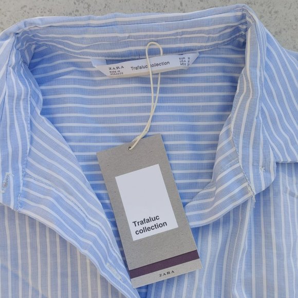 NWT Zara Trafaluc Striped Oversized Asymmetric Hem 100% Cotton Shirt. M - Picture 2 of 3
